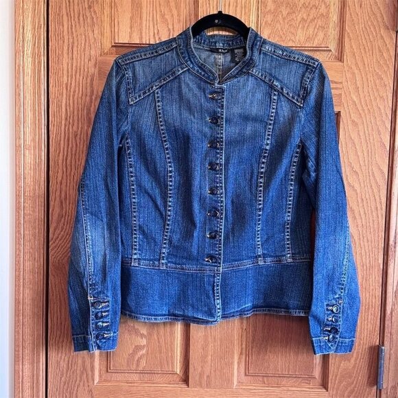 a.n.a Women's Medium Blue Denim Military Jacket Button Up Stand Collar - Picture 1 of 5